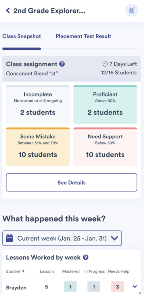 Lalilo Class Snapshot report example