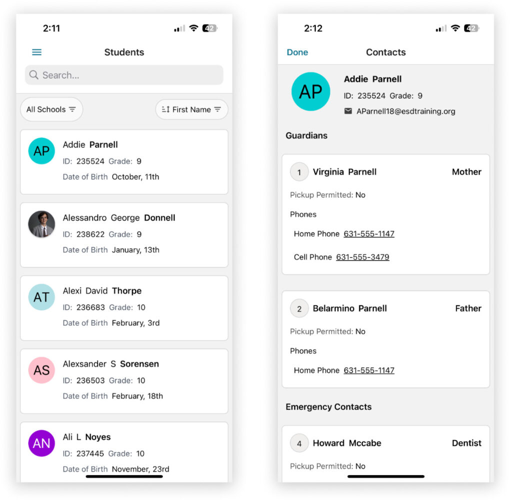 Staff view of Students and Contacts