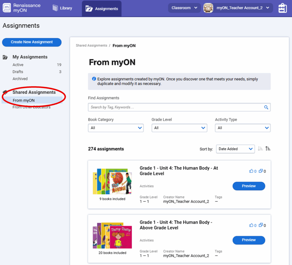 an image of the myON assignments dashboard showing Shared Assignments