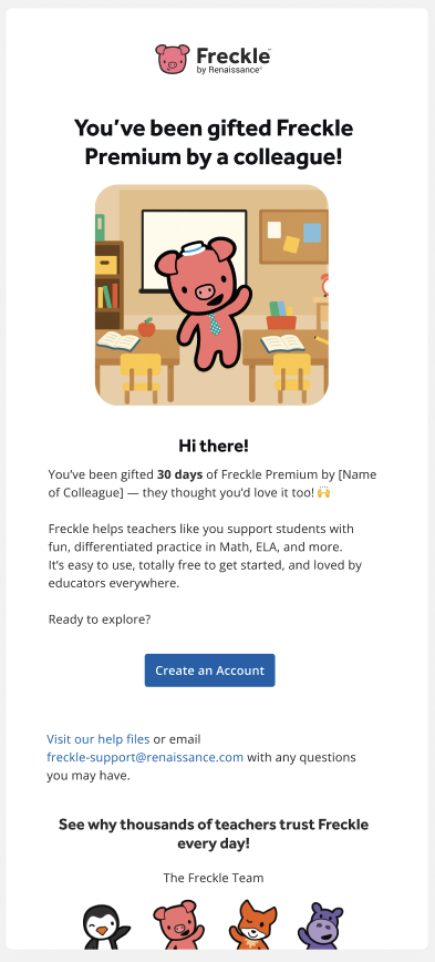 An image snapshot of a Freckle 30-day Premium access gift