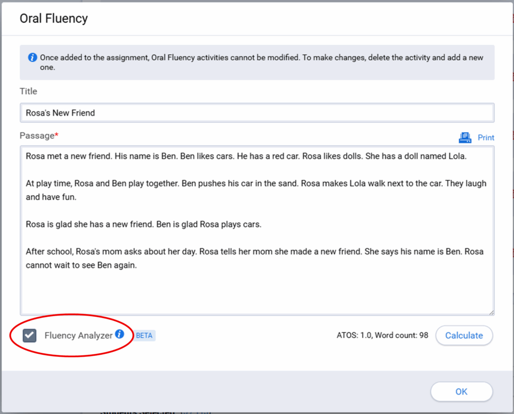 A screenshot of the myON Fluency Analyzer showing where the settings are located
