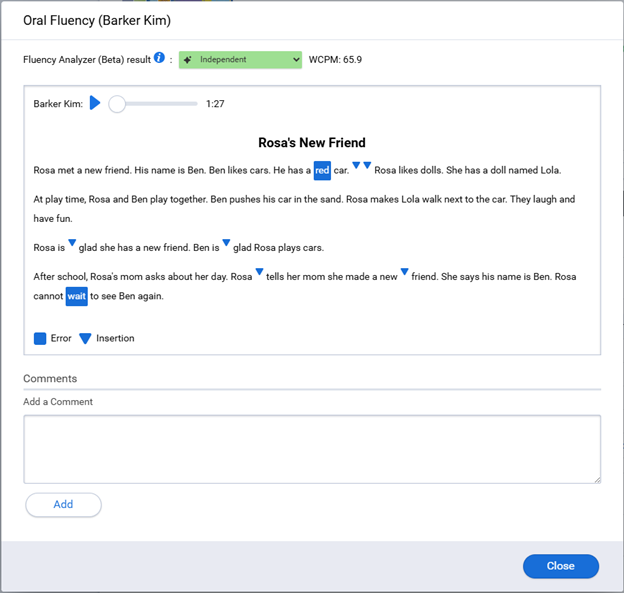 A screenshot of the myON Fluency Analyzer results showing where the student needs support
