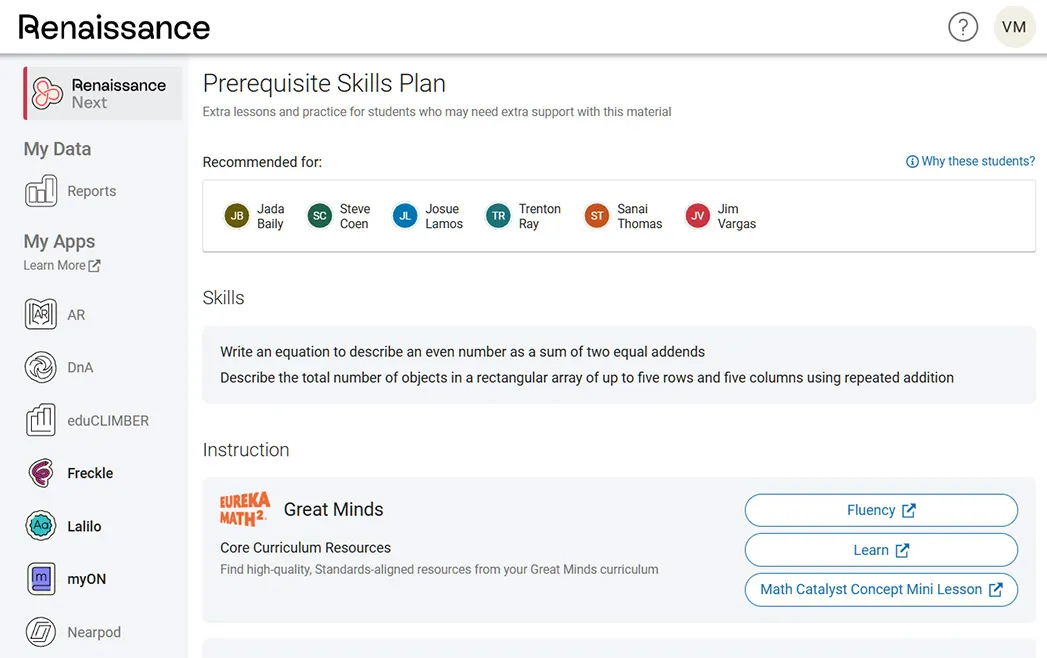 an image of the Renaissance and Eureka Math 2 Great Minds dashboard