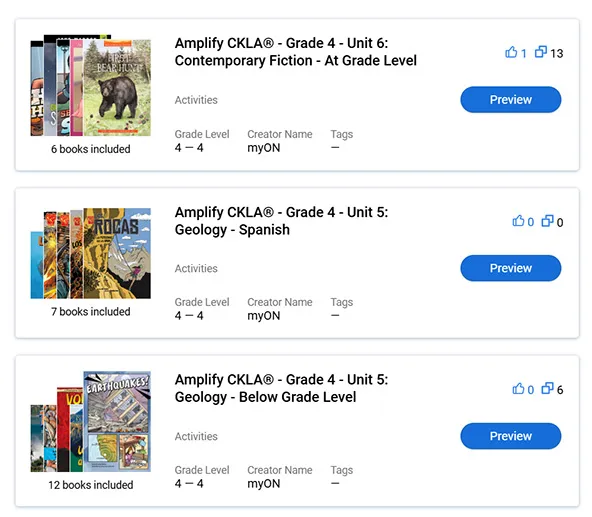A selection of myON Curriculum-Connected Books connected to core curriculum topics, featuring contemporary fiction and geology, at grade level, below grade level, and in Spanish