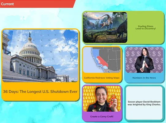 Screenshot of myON News homepage displaying a selection of news articles with headlines and images, arranged in a clean, user-friendly layout designed for easy browsing by students