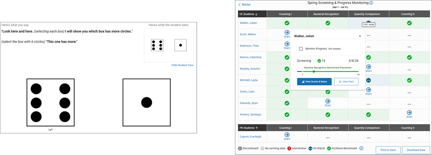 Star Preschool Numeracy Quantity Comparison sample test item and Star Preschool Numeracy teacher dashboard